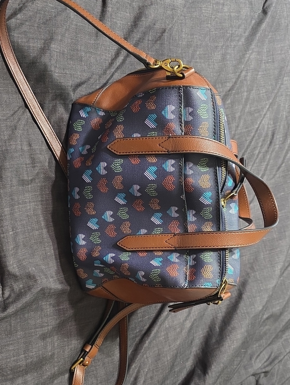 Fossil Sydney Satchel Brown and Navy With Hearts Med Size Crossbody Satchel Bag